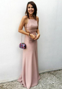Sheath Backless Pearl Pink Backless Long Prom Dresses