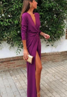 Simple Deep V Neck Split Prom Dress With Long Sleeves