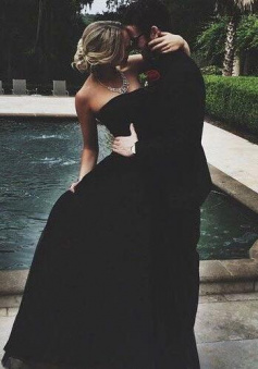 A Line Strapless Floor Length Black Prom Dress