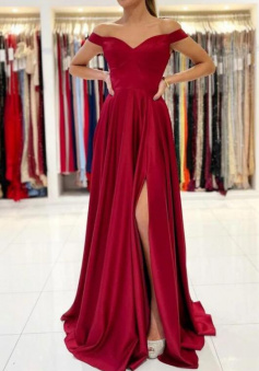 Off The Shoulder A-Line Ruby Prom Dresses With Split Ruffles