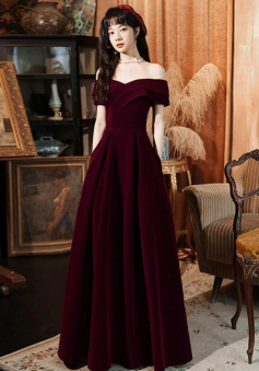 A-Line Dark Red Velvet Long Prom Dress 2022