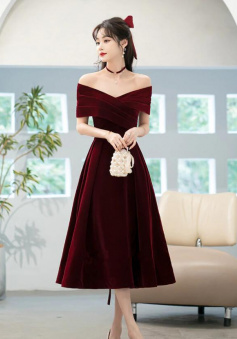 Off Shoulder Tea Length Wine Red Velvet Bridesmaid Dress