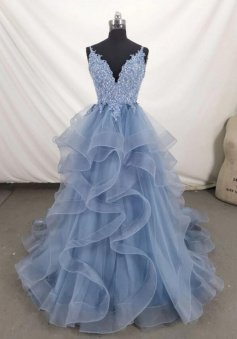 A Line Blue Straps Tulle Layers Long Evening Dresses