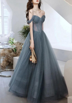 Off Shoulder Grey-Blue Tulle Shiny Prom Dress
