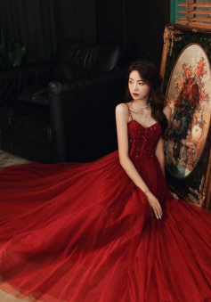 Sweeteart Tulle Wine Red Long Evening Dress With Beading