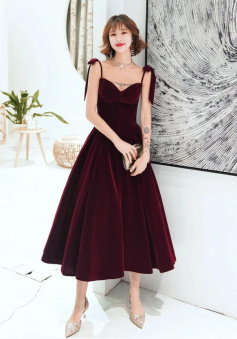 Elegant Tea Length Velvet Burgundy Prom Dress