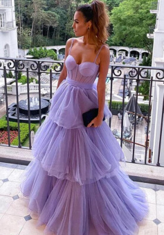 A line Purple tulle long prom evening dress