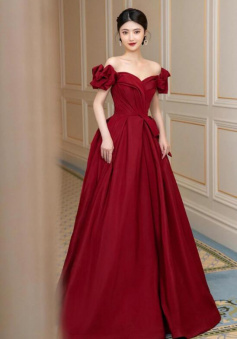 A line Burgundy satin long prom dress
