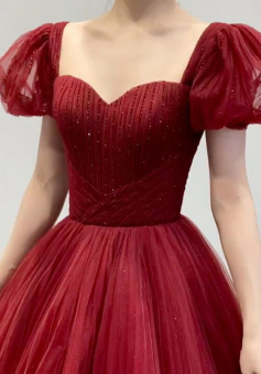 Floor Length Burgundy tulle long prom dress with beads