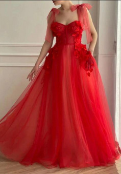 A Line Red TUlle Formal Prom Dresses
