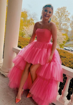 Elegant high low hot pink long prom dress