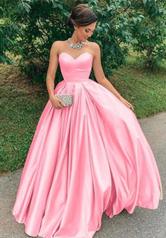 Sweetheart Shiny Satin Long Pink Prom Dress