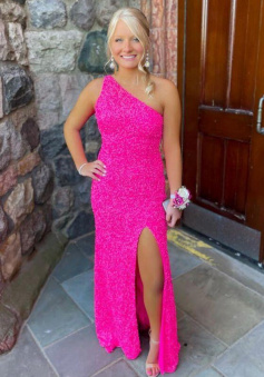 Simple one shoulderhot pink sequined long prom dress