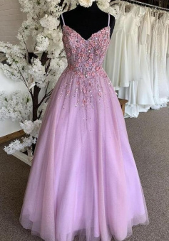 A Line Lovely V Neck Pink Prom Dress With Lace Appliqué