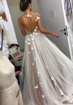 Princess Open Back Butterfly Sleeveless Tulle Wedding Dresses