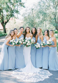 A Line Sheath Halter Light Blue Satin Bridesmaid Dresses