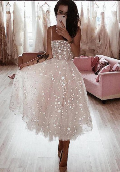 Spaghetti Strap Tea Length Tulle Short Homecoming Dress