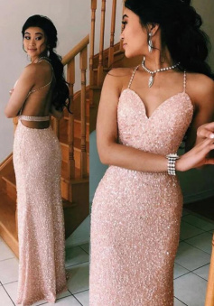 Spaghetti Straps V Neck Pink Backless Evening Gowns