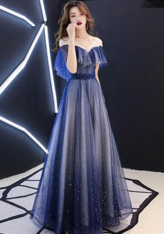 Romantic Scoop Blue Floor Length Evening Dresses with Tulle