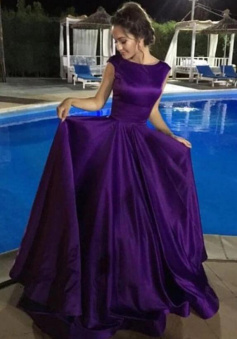Bateau Purple Satin Sleeveless Backless Prom Dresses