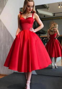 Spaghetti Straps Tea-Length Red Satin Homecoming Dresses with Pockets