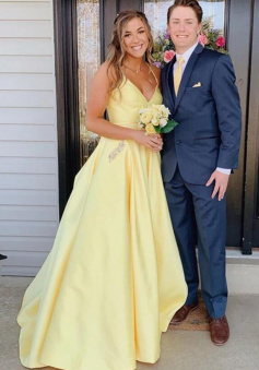 A Line Satin V Neck Yellow Spaghetti Straps Prom Dresses With Pockets
