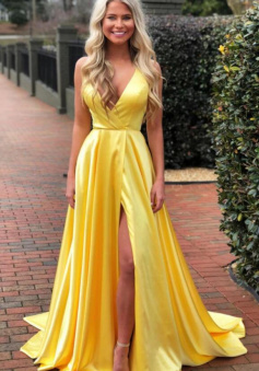 Simple Mermaid Yellow V Neck Sleeveless Long Formal Dress