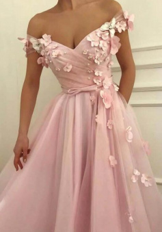 Off the Shoulder Long Tulle Flowers Beaded V Neck Evening Gowns