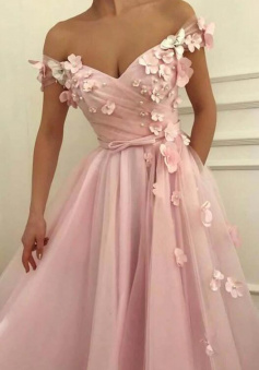 Off the Shoulder Long Tulle Flowers Beaded V Neck Evening Gowns