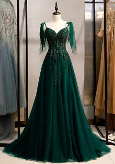 A Line Green V Neck Tulle Evening Dress