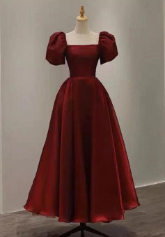Foor length puff sleeve wine red evening dress