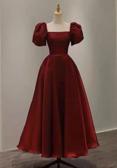 Foor Length Puff Sleeves Wine Red Evening Dress