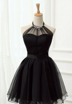 Cute Halter Black Tulle Prom Homecoming Dresses