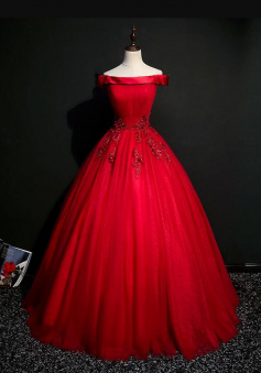 Off shoulder tulle ball gown red evening dress