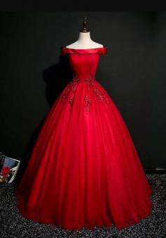 Off shoulder tulle ball gown red evening dress