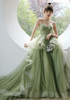 Spaghetti strap mermaid green tulle prom dresses