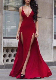 Spaghetti Straps Deep V-Neck Burgundy Long Prom Dress with High Slits