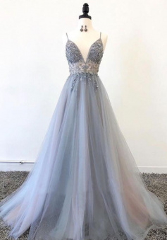 Floor Length gray v neck tulle long prom dress with beads
