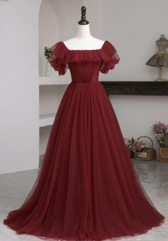 Simple burgundy tulle long prom dress