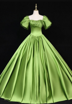 Vintage Puff Sleeve Stain Ball Gown Prom Dress