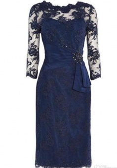 Royal Blue Jewel Neck Lace Knee Length Short Mother Of The Bride Dress