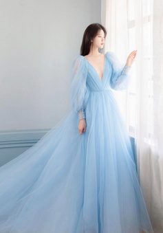 Mermaid Blue v neck tulle long prom evening dress