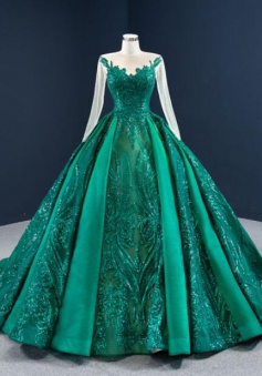 Vintage Dark Green Ball Gown Sequins Court Train Ruffle Prom Dresses With Long Sleeves