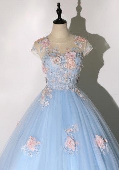 Ball Gown Blue tulle lace long prom dress