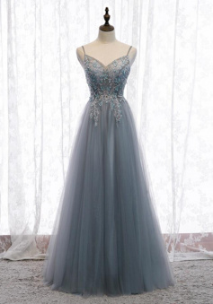 Spaghetti Straps A-Line Gray Tulle Prom Dress With Beading