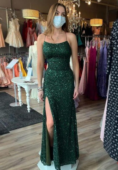 Sheath Floor Length Split Dark Green Sequins Prom Dresses