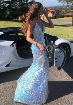 Mermaid Sequins V Neck Sparkly Prom Evening Dresses