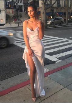 Sexy Sheath Cowl Neck White Satin Prom Dresses with Split