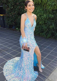 Sexy Stunning Mermaid Sparkly Backless Sequins Prom Dress wih Slit