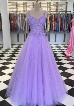 A Line Purple Tulle long prom dress With Lace